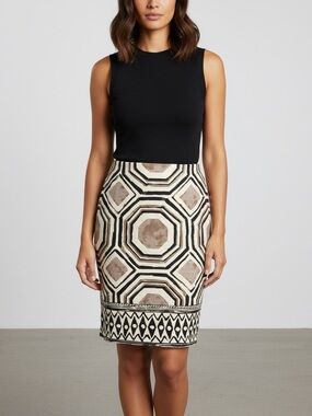 LOFT ANN TAYLOR Skirt Tribal cream brown black Cotton spandex size 10 geometric